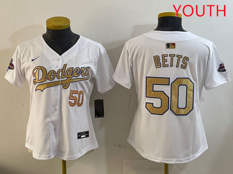 Youth Los Angeles Dodgers #50 Betts White Champion gold character 2025 Nike MLB Jersey style 409